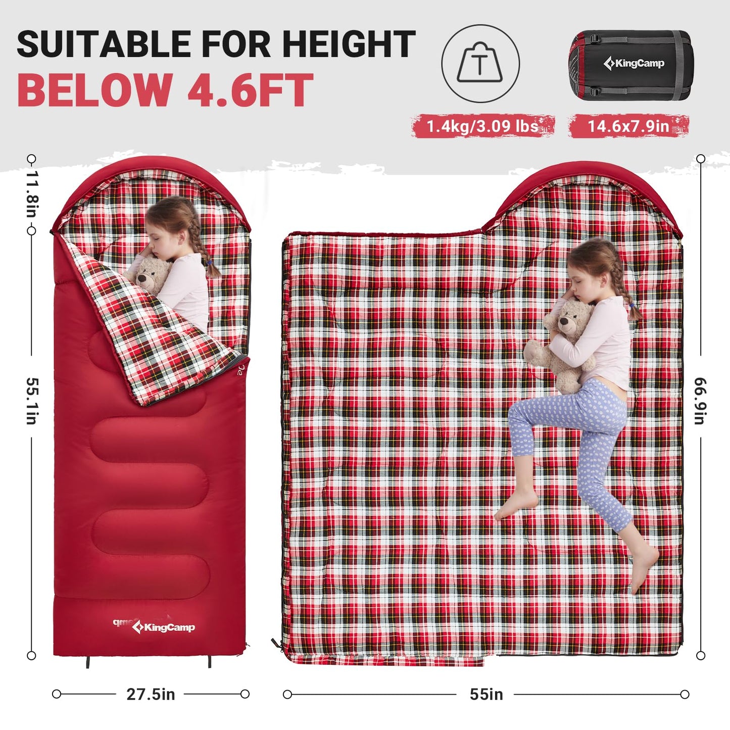 KingCamp 45°F Kids Sleeping Bag, Lightweight Waterproof & Compact Flannel Sleeping Bags Cold Weather & Warm Youth Essentials Gear Accessories for Camping, Fits 10-12 Children up to 4'7"-5'5" Tall