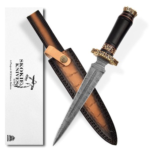 Handmade Damascus Steel Dagger Knife Set, 12.5" Fixed Blade, Camel Bone & Bull Horn Handle, Sharp Outdoor Hunting Knife with Sheath – Premium Quality (Black)