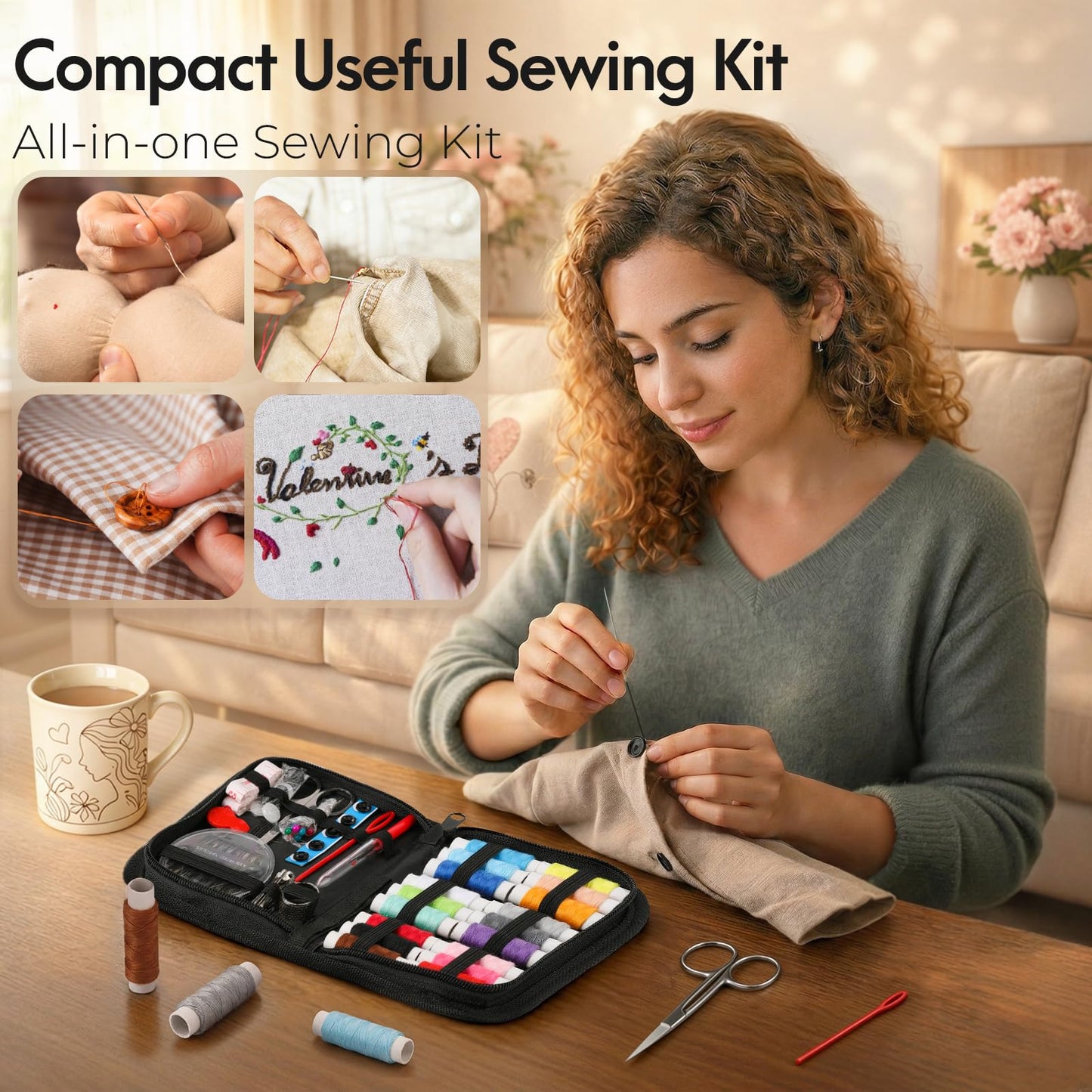 Coquimbo Sewing Kit for Adults College Dorm Essentials, Portable Sewing Supplies Accessories Contains Thread, Needles, Scissors, Gifts for Mom Grandma Women Wife Teen Girls Beginner Traveler (Black)