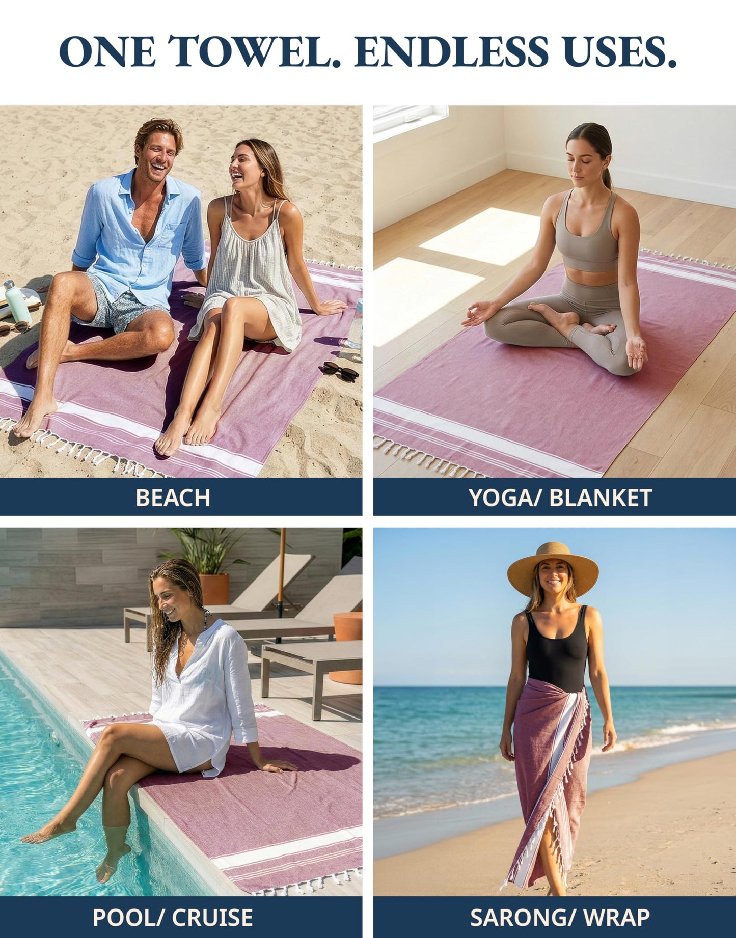 LANE LINEN Beach Towel Set of 4, Turkish Beach Towel Set, Pre-Washed Pool Towels, Quick Dry Travel Beach Towel, Extra Large Beach Towels Oversized, 39"x71" - Cashmere Rose