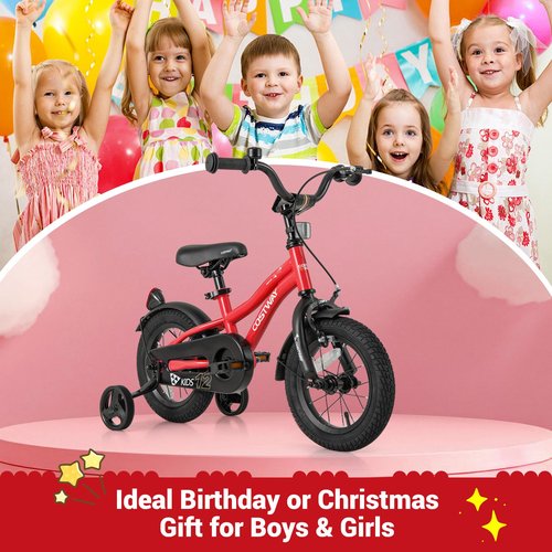 COSTWAY 12 Inch Kids Bike, Children Toddler Bicycle with Training Wheels, Adjustable Seat & Handlebar, Handbrake & Coaster Brake, Reflectors, Bell, Suitable for 3-8 Years Old Boys Girls, Red