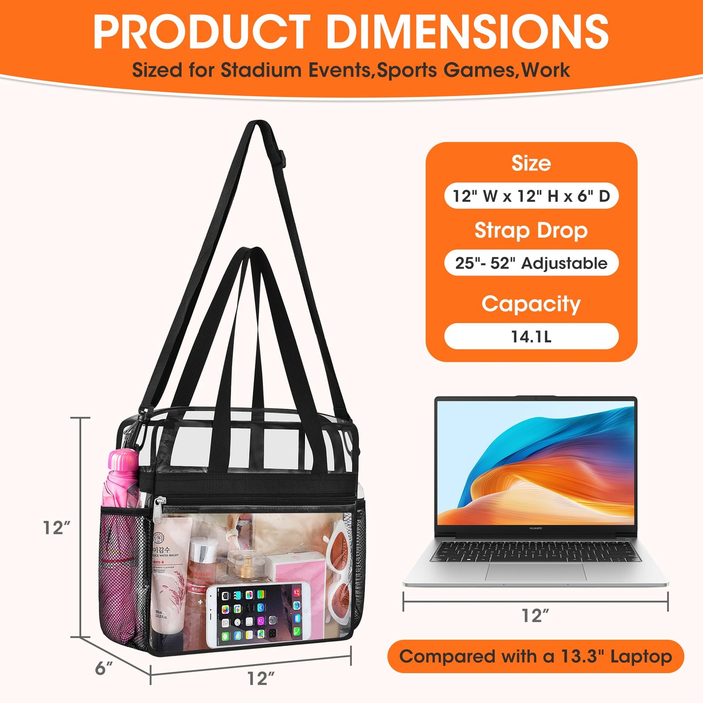 Oraben Clear Tote Bag Clear Bag Stadium Approved 12x6x12 Stadium Bag for Work, Sports Games,Gym Black,One Pocket