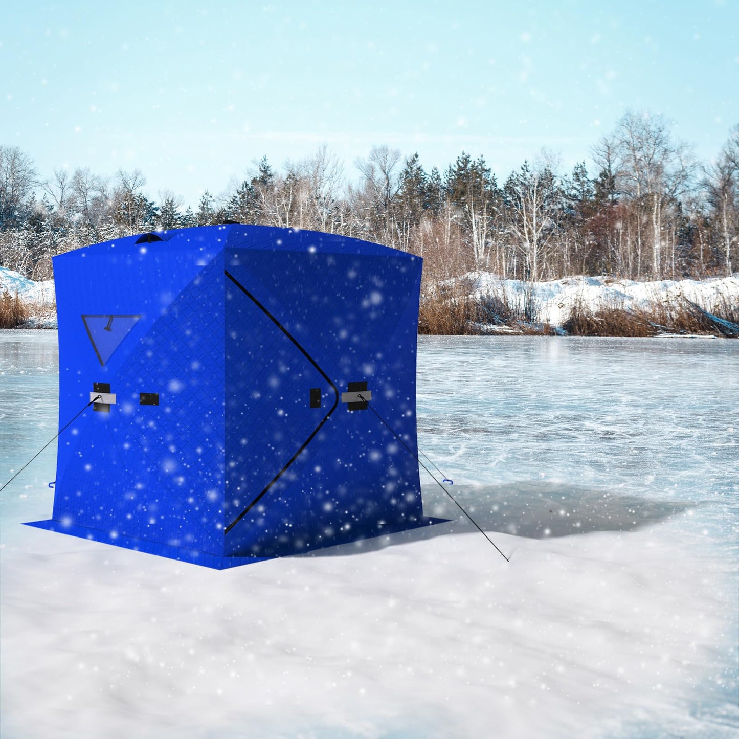 Insulated Pop-Up Ice Fishing Tent - Portable Hub-Style Shelter with 2 Zipper Doors for 3-4 People, Durable Oxford Fabric with Cotton Padding Ice Shack for Winter Fishing Trip, Blue