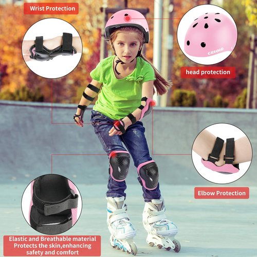 CELOID Kids Helmet Pad Set,Adjustable Kids Skateboard Bike Helmet Knee & Elbow Pads Wrist Guards 8-14yrs Youth Protective Gear Set for Girls Boys Bicycle Bike Roller Skating Scooter Rollerblade Sport