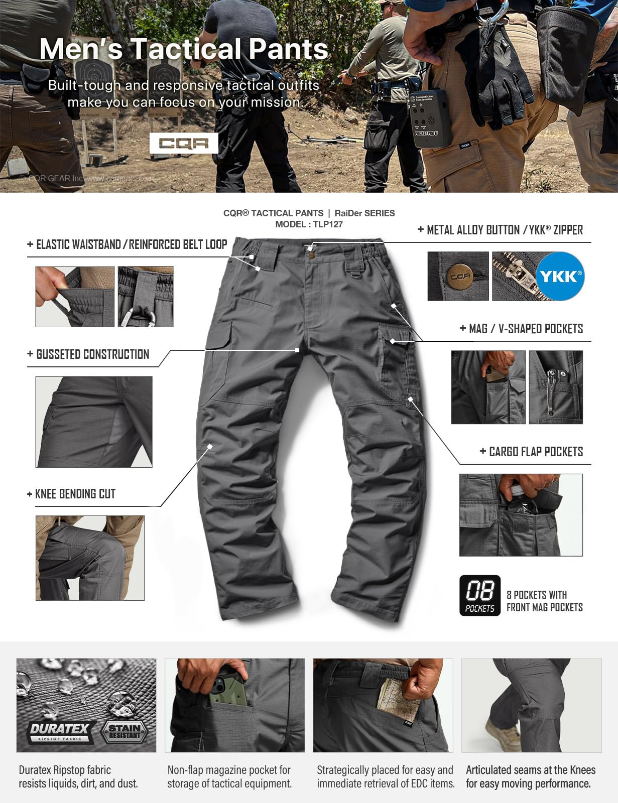 CQR Men's Tactical Pants, Water Resistant Ripstop Cargo Pants, Lightweight EDC Work Hiking Pants, Outdoor Apparel, Raider Mag Pocket Charcoal, 38W x 32L