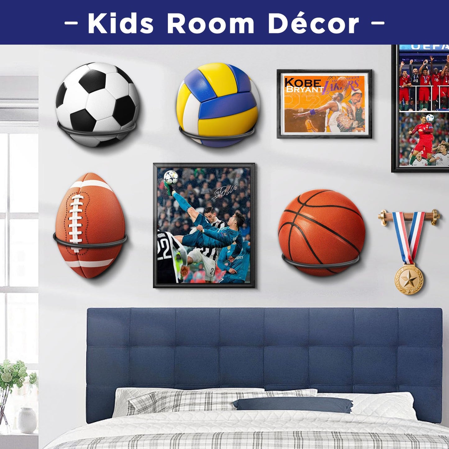 Basketball-Holder Wall Mount, Football Holder Space Saving Ball Storage Rack, Durable Wall Mounted Ball Organizer for Basketball, Football, Volleyball, Soccer Balls, Garage, Kids Room (4 Packs)