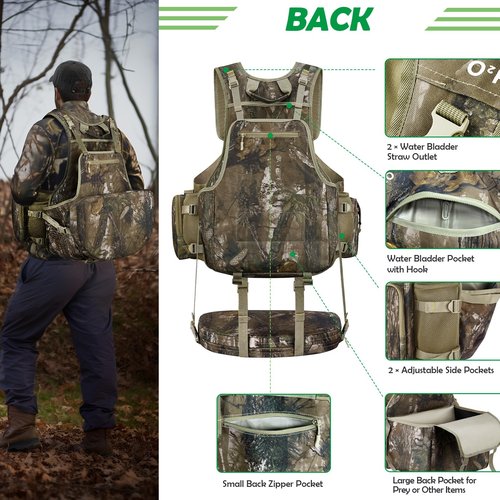 NEW VIEW Turkey Hunting Vest with Seat - Lightweight Camo Adjustable Fit, Removable Cushion and Large Game Bag Storage for Turkey Hunting