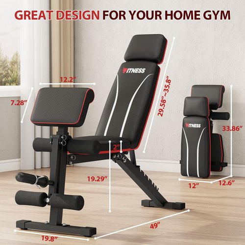 TYRSEN Foldable Weight Bench, Adjustable Workout Bench with Leg Extension, Preacher Pad, Extended Headrest, Space-saving Banco de Pesas for Home Gym, 800lbs Full Body Workouts Strength Training