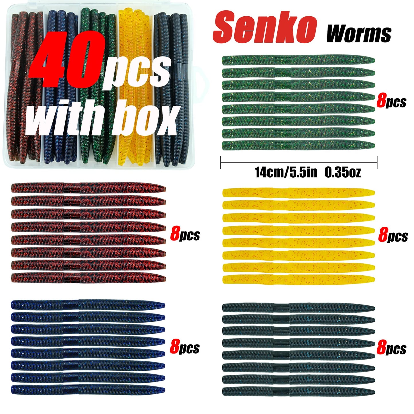 Senko Worms for Bass Fishing: 40PCS 5.5" Wacky Worm Lures Kit with Box | Senkos Soft Plastic Baits for Freshwater Saltwater | Slow-Fluttering Action