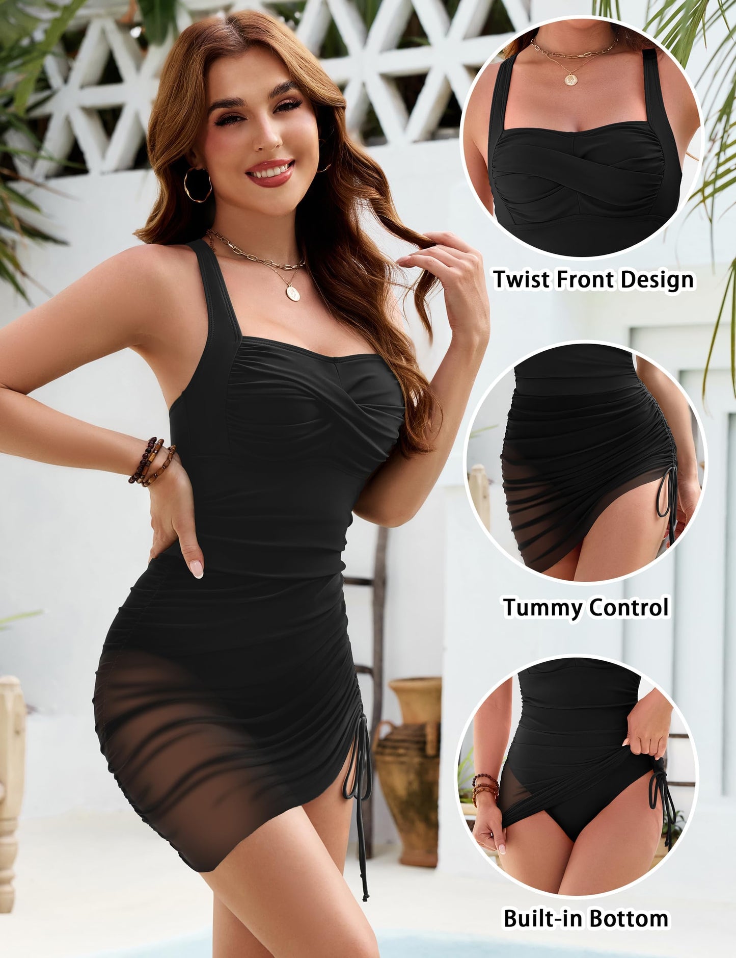 Fayenne Women One Piece Swimsuits Tummy Control Sweetheart Neck Swim Dress Mesh Sheer Sarong Wraps Bathing Suit Black