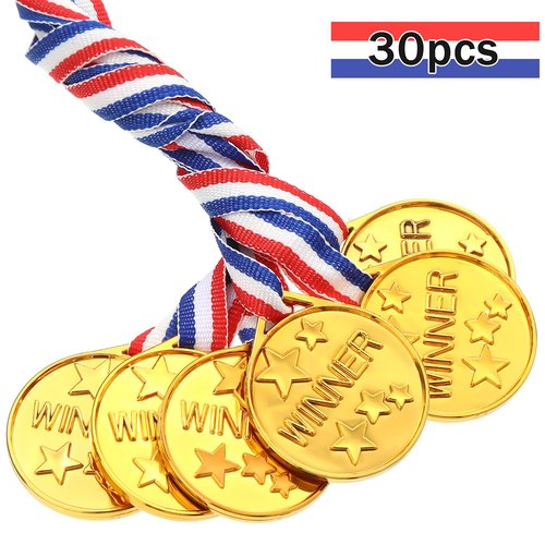 Gejoy 30 Pieces Gold Plastic Winner Award Medals, Gymnastics Field Day Awards for Sports, Competition, Talent Show, Spelling Bee Birthday Party Favors Gifts(Classic Style)