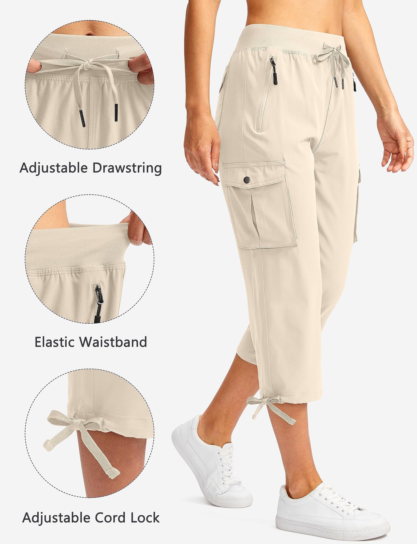 Soothfeel Women's Cargo Capris Pants with 6 Pockets Lightweight Quick Dry Travel Hiking Summer Pants for Women Casual (Beige, 3XL)
