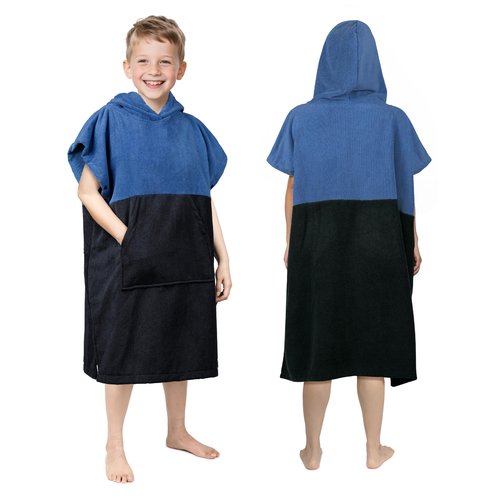 Zingtto Hooded Beach Towels for Kids Surf Poncho Swim Robe for 6-13 Years, Big Kids Hooded Bath Towels Thick Changing Robe Girls Boys, Black Blue