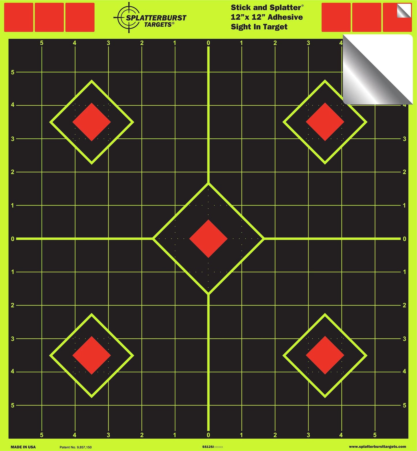 12"x12" Sight in Adhesive SPLATTERBURST Shooting Targets - Instantly See Your Shots Burst Bright Fluorescent Yellow Upon Impact! (50 Pack)