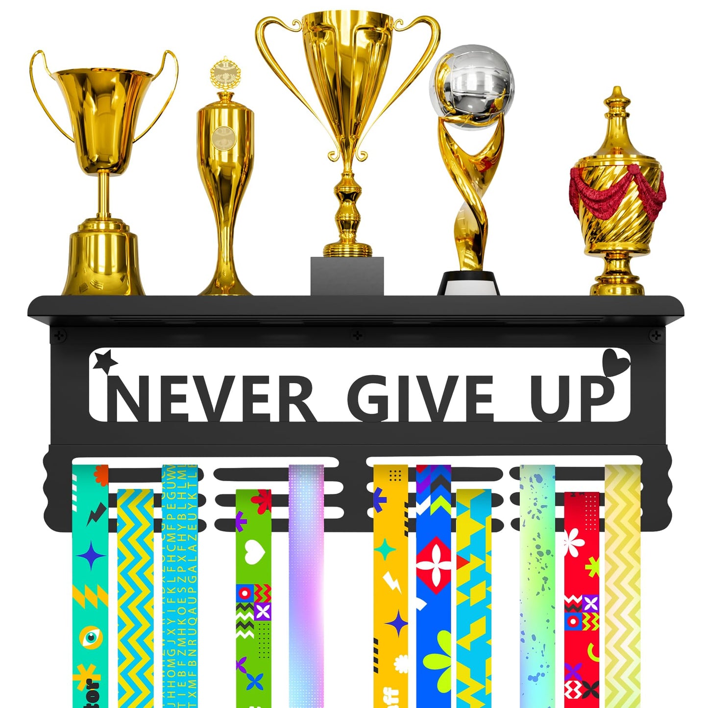YXFOOR Medal Display Holder Wall Mount with Trophy Shelf - Large Capacity Award Rack for Race, Marathon, Soccer, Gymnastics, Swim Meets - Metal Sports Medal Hanger for Home Office Decor
