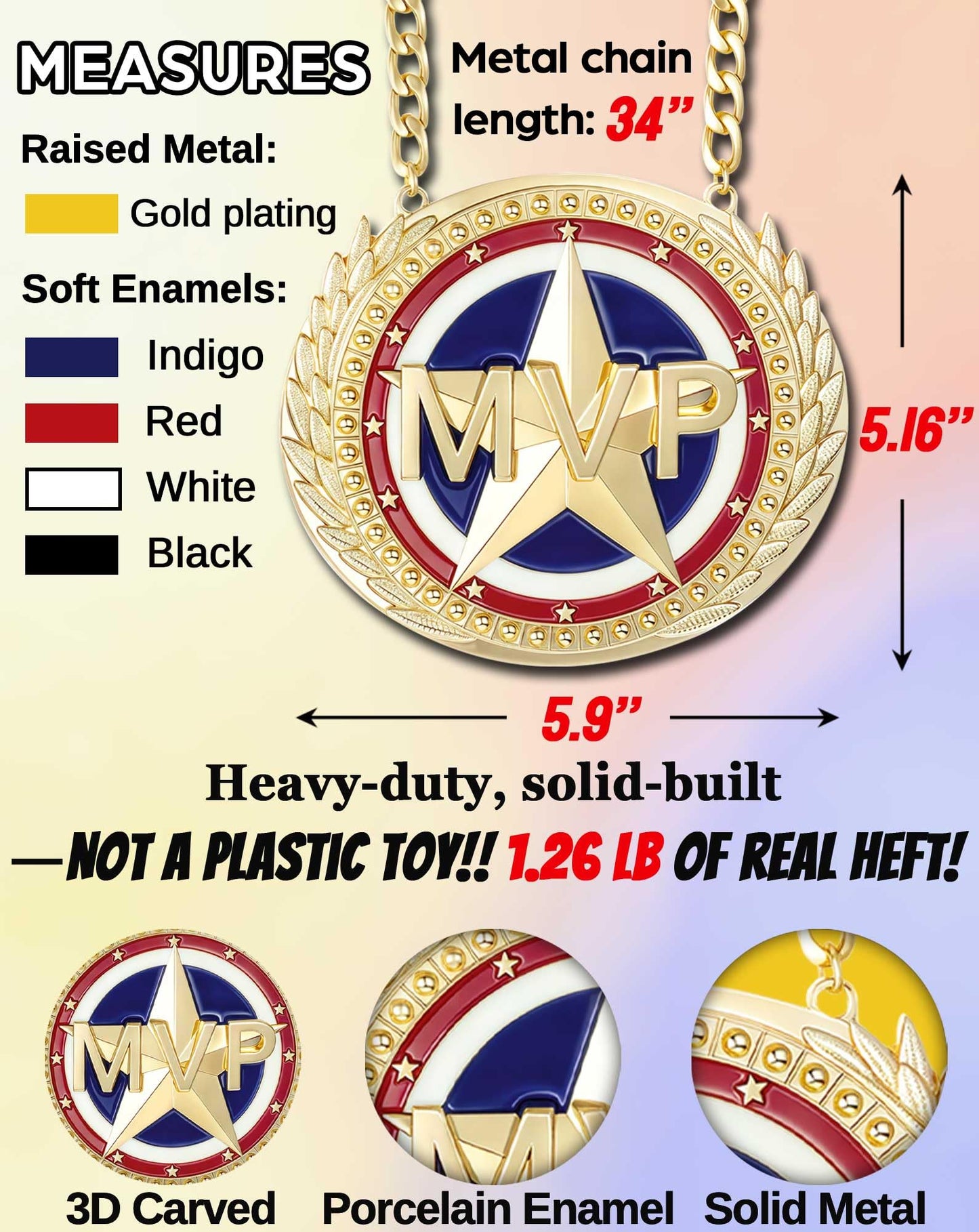 BSTWARM 6" Heavy Duty Champion Awards Medal Trophy - MVP Big Gold Turnover Chain for Football Fantasy Basketball Soccer Sports Achievements Necklace Athlete Prize Gifts