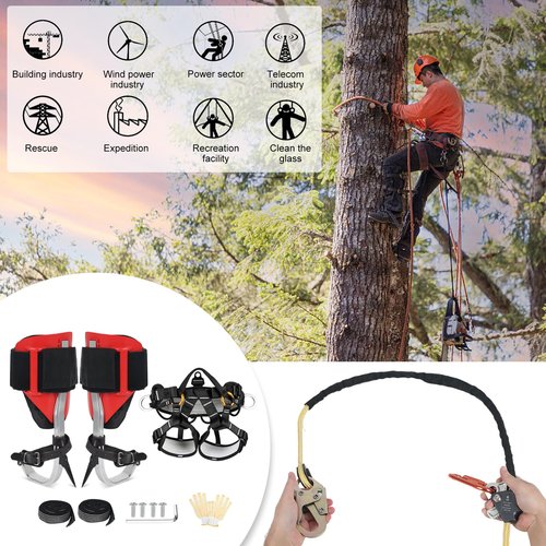 Tree Climbing Spikes Kit Leather Forged Tree Climbing Spurs Spikes with Adjustable Belt and Rope Climbing Gear Kit with Non-Slip Pedal Professional Tree Climbing Equipment for Gardening, Fruit Picking
