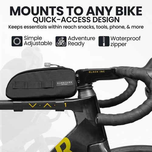 ALMSTHRE Top Tube Bag 8'' x 2'' x 3'' - Midnight Black | Waterproof, Secure & Stable ??Universal Bike Storage with Versatile Mounting ??Fits Essentials | Adventure-Ready Cycling Gear