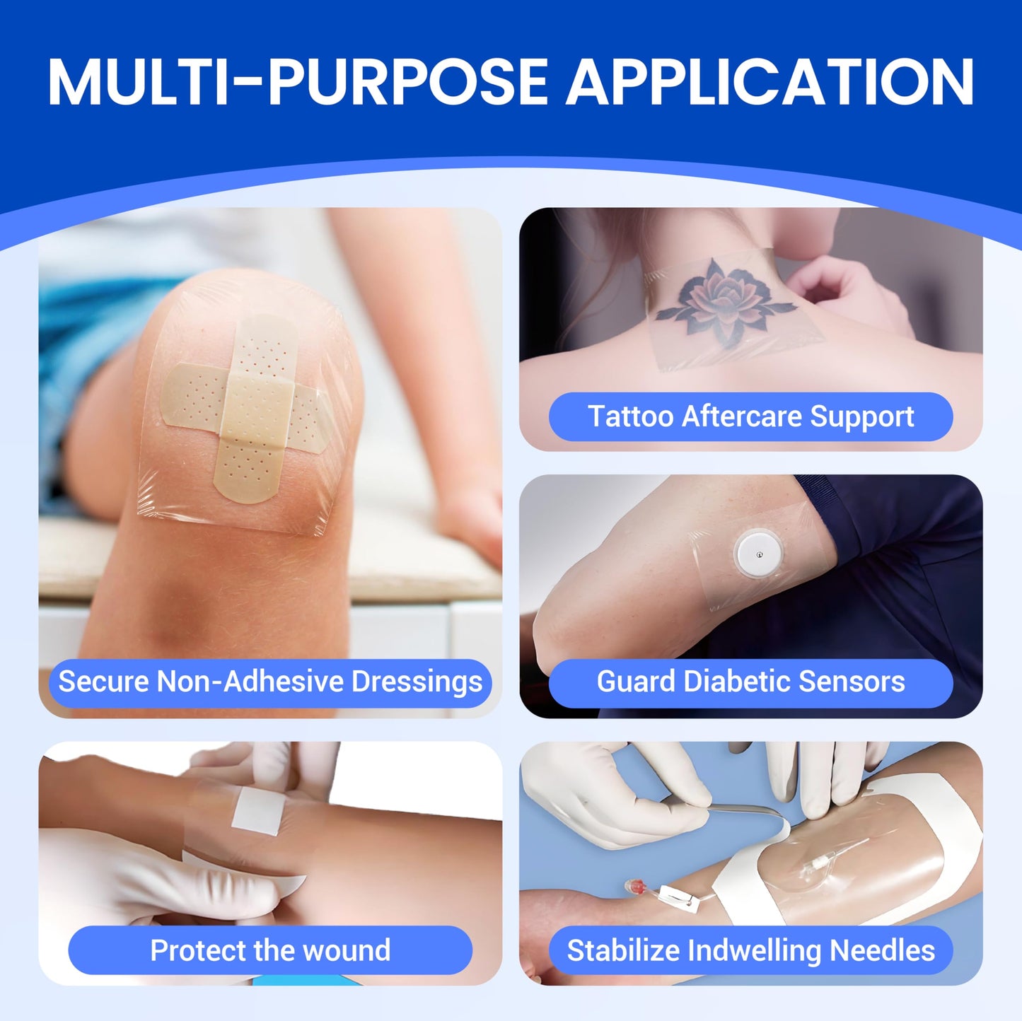 Large Waterproof Bandages Clear Dressings Tattoo Tape Sensitive Skin Wounds Care, Transparent Film Dressing Adhesive Occlusive Patch for Post Surgical Use, 4" x 4 3/4", 50 Packs