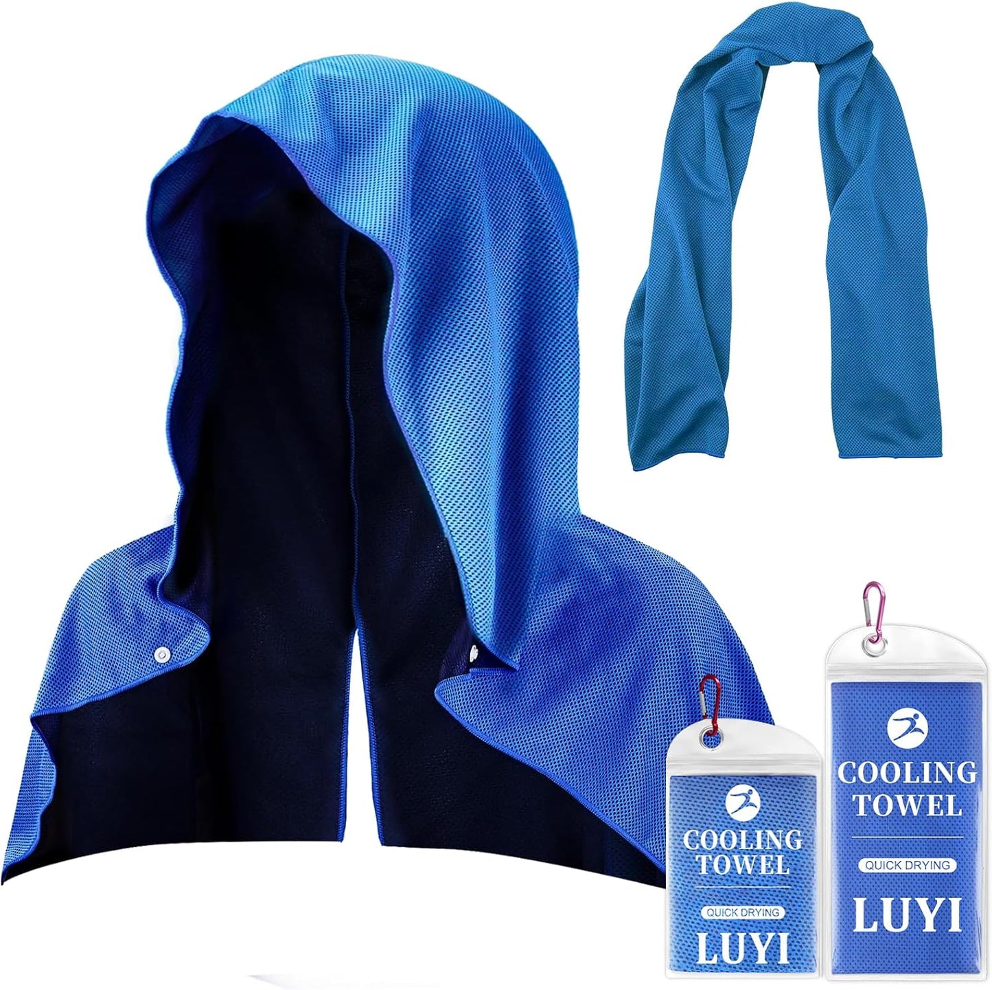 2 Pack Cooling Hoodie Towels Set, Cooling Towels for Neck and Face, Microfiber Soft Breathable Cooling Towel Bulk for Hot Weather, Gym, Sports, Yoga, Workout, Running, Golf, Camping, Hiking（Blue）