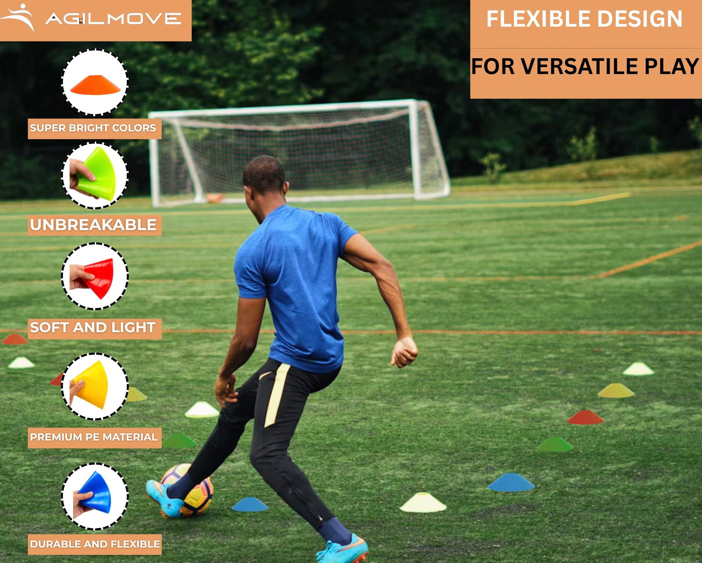 AgilMove Soccer Training Cones (Pack 25, Multi Colors) with Mesh Bag & Strap, Unbreakable Sports Cones for Soccer, Basketball, Football Baseball Training Equipment, Agility Cone for Drills Training