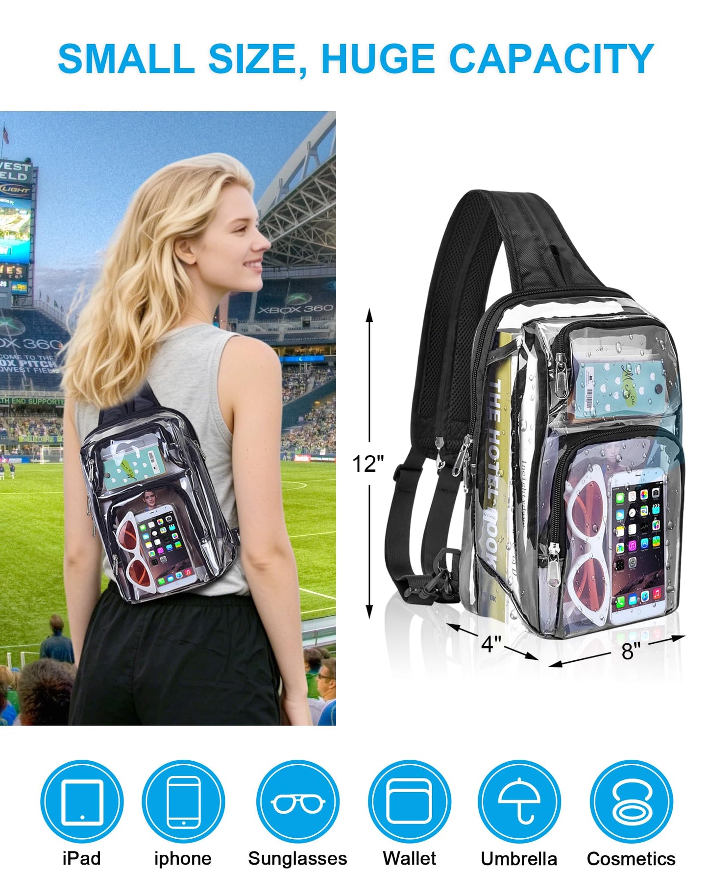 BEHDRE Clear Backpack Stadium Approved 12×12×6 with Breathable Shoulder Straps, Clear Sling Bag for Stadium Work Concert Festival - Black
