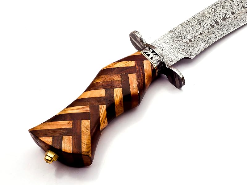 Damascus Fixed Blade Hunting Knife with Rosewood Handle & Leather Sheath – 15in Overall