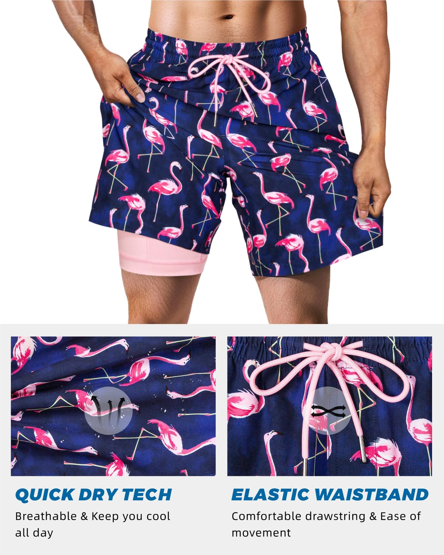 SURF CUZ Mens Swim Trunks with Compression Liner Quick Dry Swim Shorts 7" Swimming Trunks Stretch Bathing Suit 7 Inch,Flamingo Pink,S