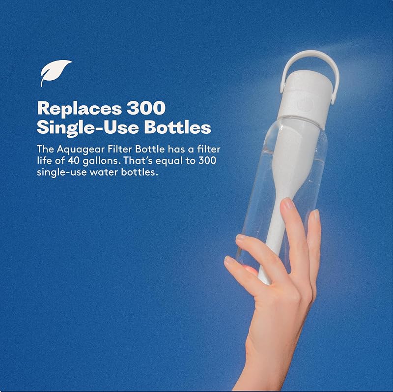 Aquagear 22oz Water Filter Bottle - BPA-Free, Removes Chlorine & Forever Chemicals (PFOA/PFOS) - 40 Gallon Filter Life - White