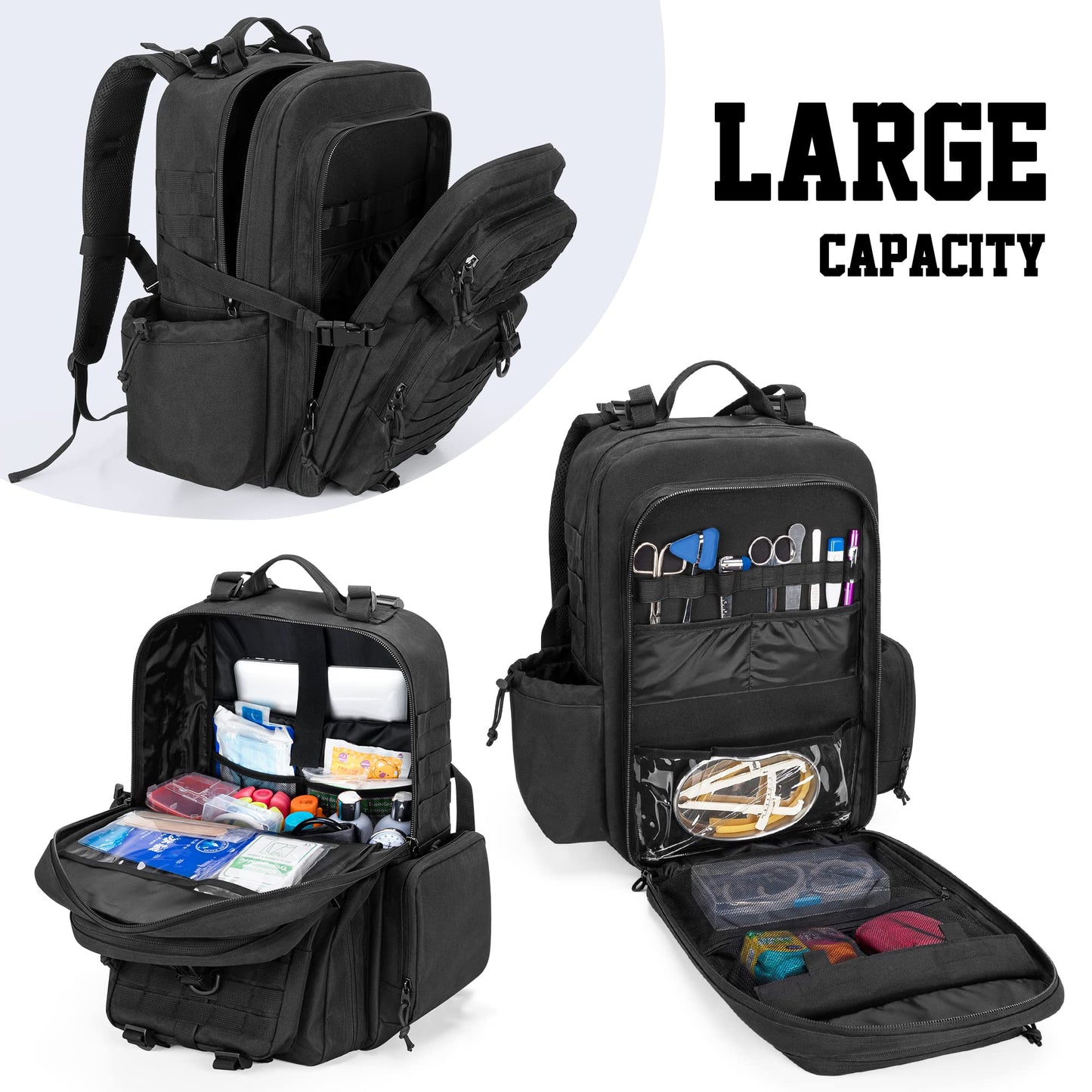 Damero Medical Tactical Backpack, Medical Supplies Bag First Aid Rucksack with Top Y-Strap for Hiking, Trekking Hunting Camping, Black (Bag Only)