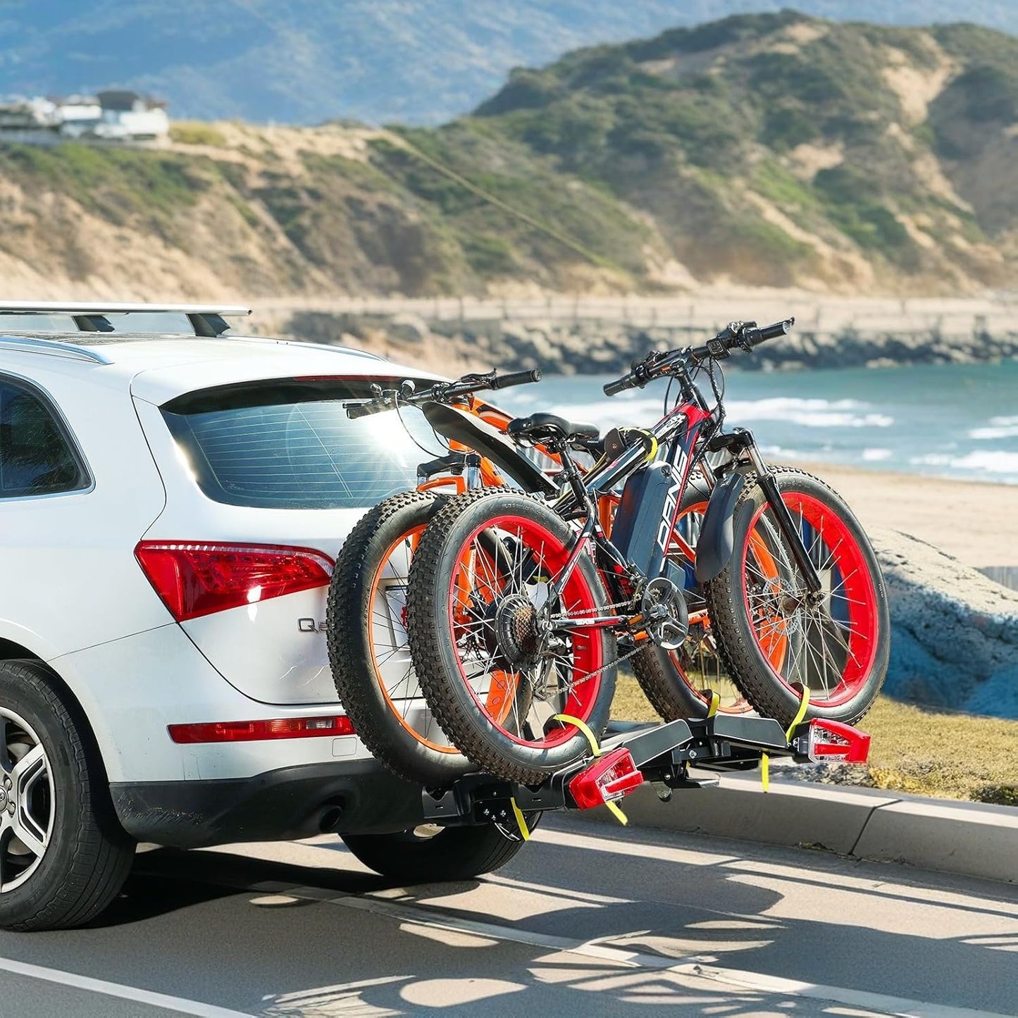 2 E-Bike Foldable Hitch Mount Bike Rack with Light for 2" Receiver SUV & Trucks, Up to 4'' Fat Tire, Lockable Hitch Racks for E-Bike with Ramp and Wheels, 180 LBS Capacity
