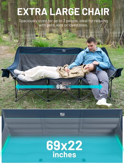 TIMBER RIDGE Padded 3 Person Camping Chair with Cup Holders and Pockets, Outdoor Folding Loveseat Camping Chairs, 1050lbs Capacity Heavy Duty Camp Couch for Outside Picnic, Beach, Lawn, Sports, Blue