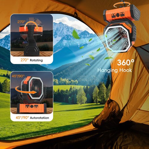 OUTTPLY 20000mAh Camping Fan - Rechargeable Battery Powered Portable Fan with LED Lantern, Remote Control, Oscillating, 360° Rotation Hanging Hook for Outdoor Travel, Camp, Tent