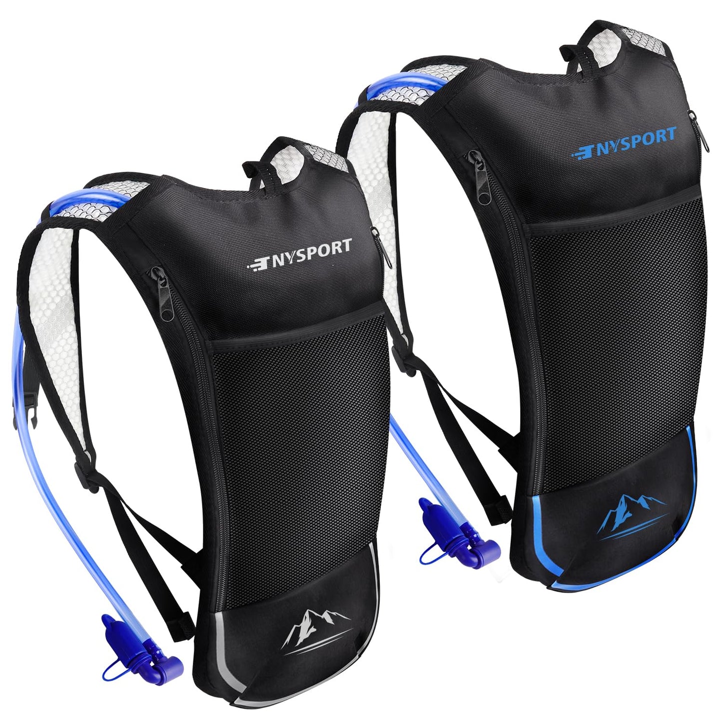 2 Pack Hydration Backpack Pack with 2L Hydration Bladder, TNYSPORT Lightweight Breathable Water Backpack with 3 Layer Pockets, Reinforced Shoulder Straps (Blue & Light Gray)