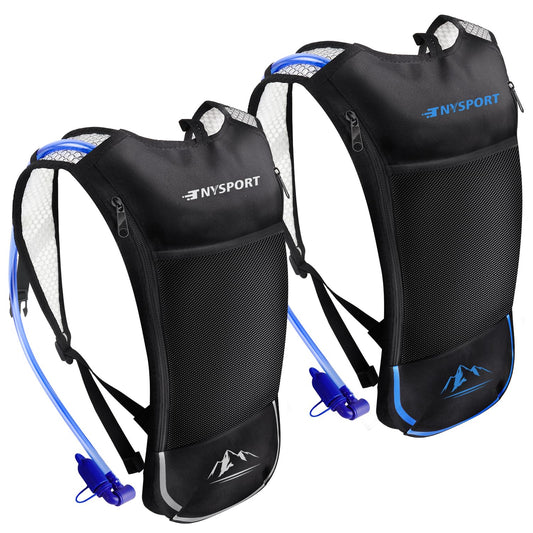 2 Pack Hydration Backpack Pack with 2L Hydration Bladder, TNYSPORT Lightweight Breathable Water Backpack with 3 Layer Pockets, Reinforced Shoulder Straps (Blue & Light Gray)