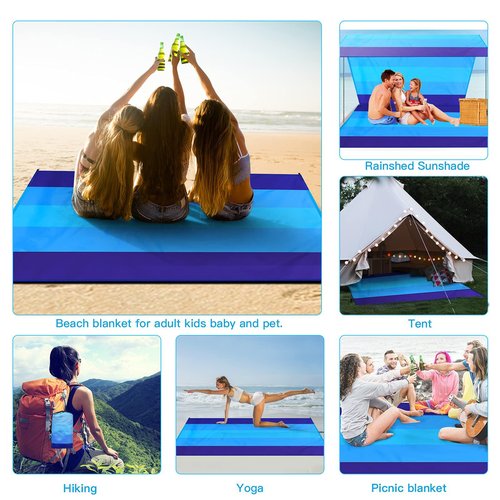 LinaLife Gradient Blue Sandproof Beach Blanket Oversized Sand Free Beach Mat Lightweight Outdoor Picnic Blanket Anchored with 4 corner sand pockets & Plastic Stakes Proof Quick Drying Compact