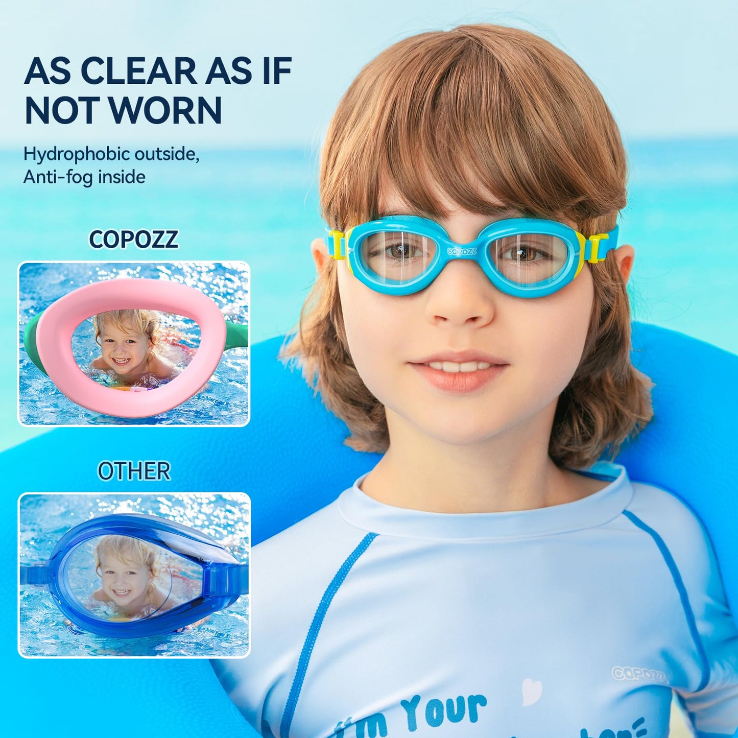 COPOZZ Kids Swim Goggles | Anti-Fog & HD | Comfy 3D Fit | Durable Unisex-Child Swimming Goggles for Boys & Girls Ages 3-14