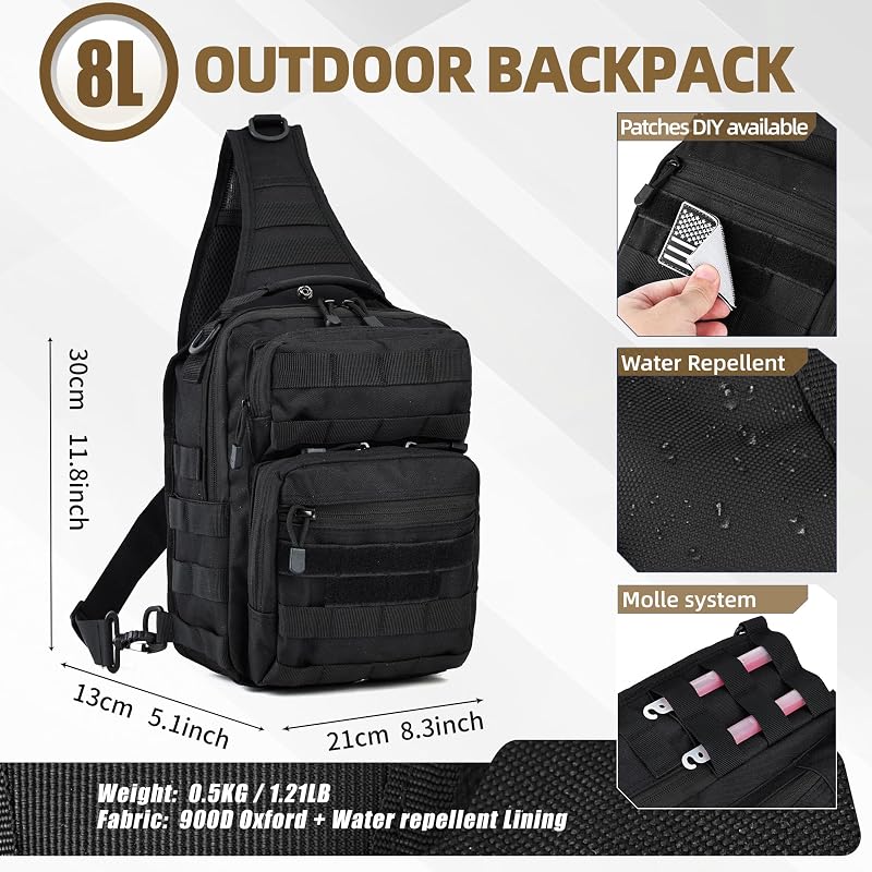 Gracedon Tactical Chest Pack Sling Bag 8L Molle Military Backpack - Black