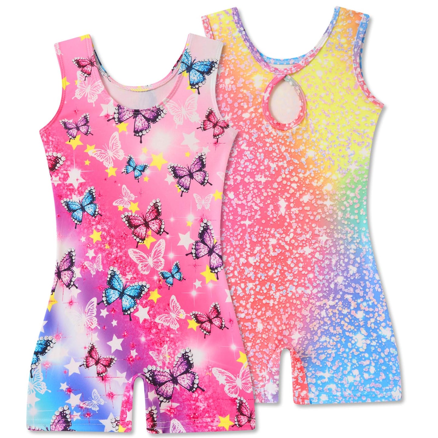 Taubow 2 Packs Leotards for Girls Size 7-8 Gymnastics Outfit Rainbow Butterfly Leotard Biketard with Shorts Tumbling Outfit