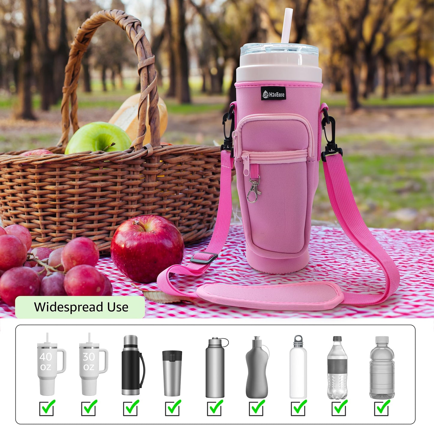 H2oEase Water Bottle Carrier Bag for Stanley Cup 40 oz - Insulated Neoprene Tumbler Carrier with Phone Pocket - Water Bottle Holder with Strap and Carabiner Compatible with Stanley- Pink
