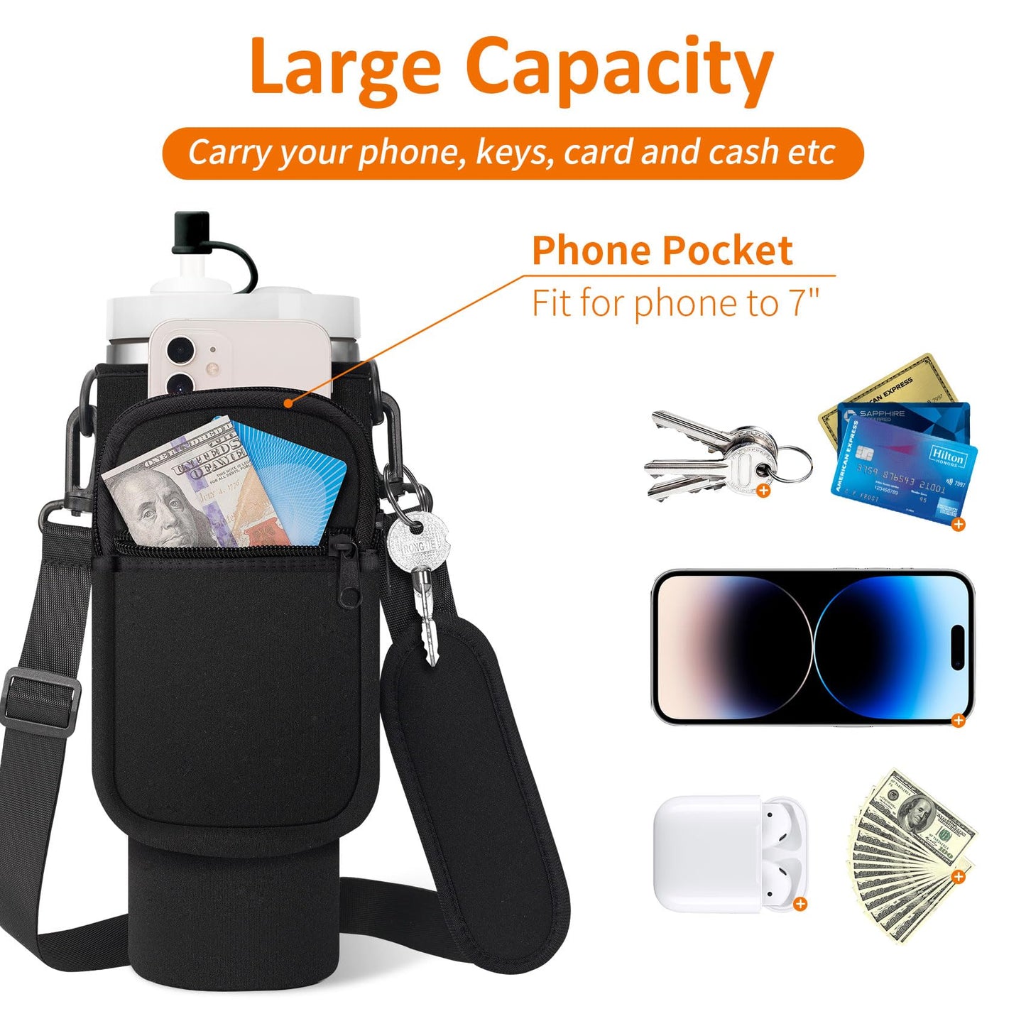 30 oz Stanley Cup Carrier Bag with Paracord Handle, Neoprene Insulated Travel Tumbler Sleeve w/ 2 Pockets & Straw Cover Cap, Stainless Steel Mug Holder Pouch for Stanley Cup Accessories-Black