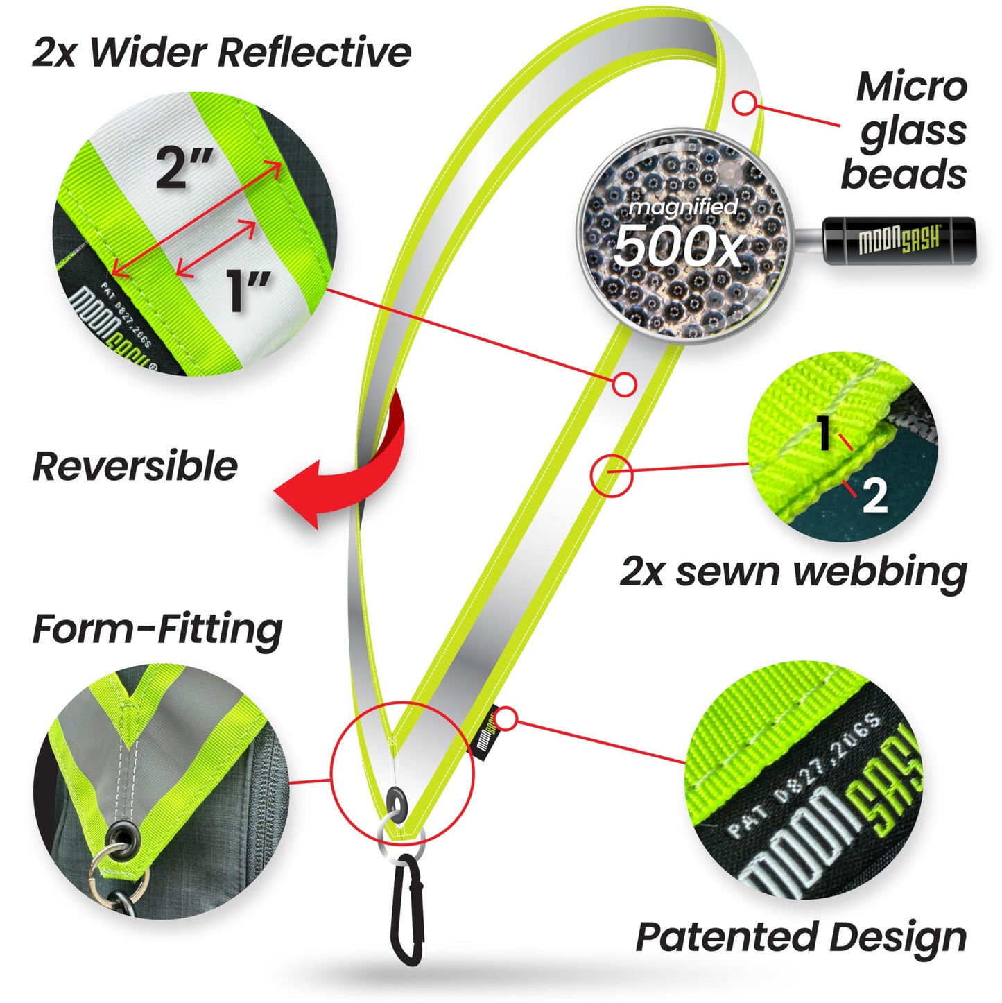 MOONSASH Reflective Sash For Walking At Night | USA-Made | Fitted, Reversible + Patented Night Walking Safety Gear | Perfect Belt/Reflective Vest for Women & Men Alternative | Essential Running Gear