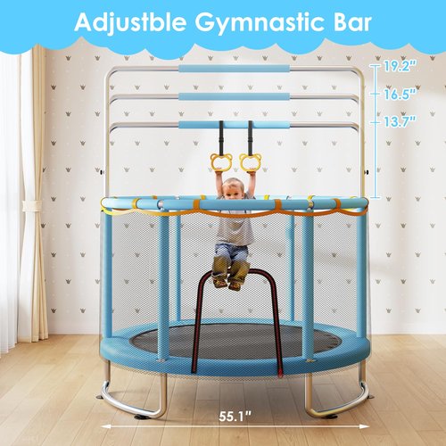 Trampoline for Kids, Upgrade Full Anti-Rust 440lbsToddler Trampoline with Net, 55'' Upgraded Ring Legs with Adjustable Gymnastics Bar&Toys, Gifts for Ages 1-8 Boys&Girls（Blue）
