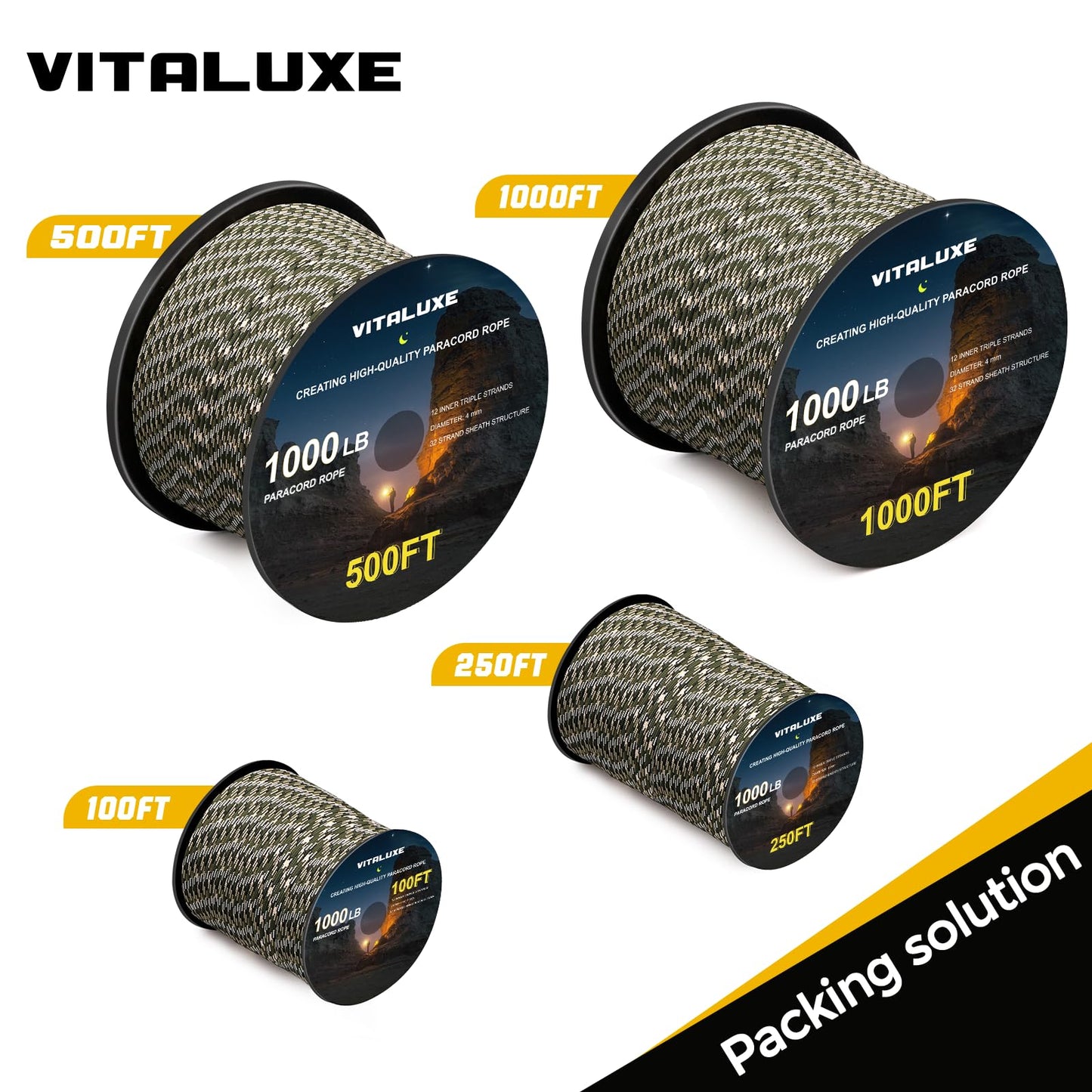 VITALUXE 1000lb Paracord Rope, 4mm 12 Triple Strands 1000FT, Forest Camo