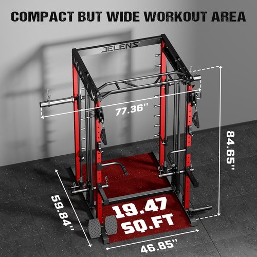 JELENS M21 Smith Machine, Multi-Function Power Cage with Dual Pulley Cable Crossover System, 2000LBS All-in-One Squat Rack with Smith Bar and Attachments (Red, M21 Smith Machine)