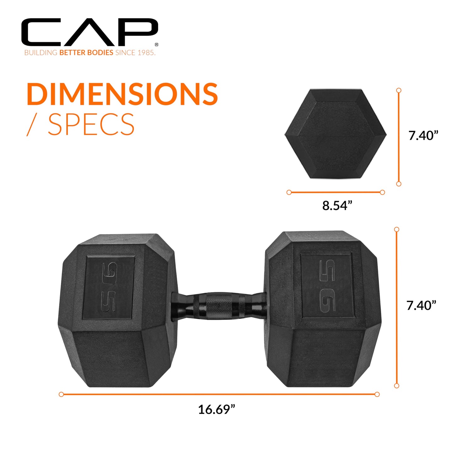 CAP 95 LB Rubber Coated Hex Dumbbell Weight, Rubber Free Weights for Home Gym Strength Training, Black Oxide Handle, Pair