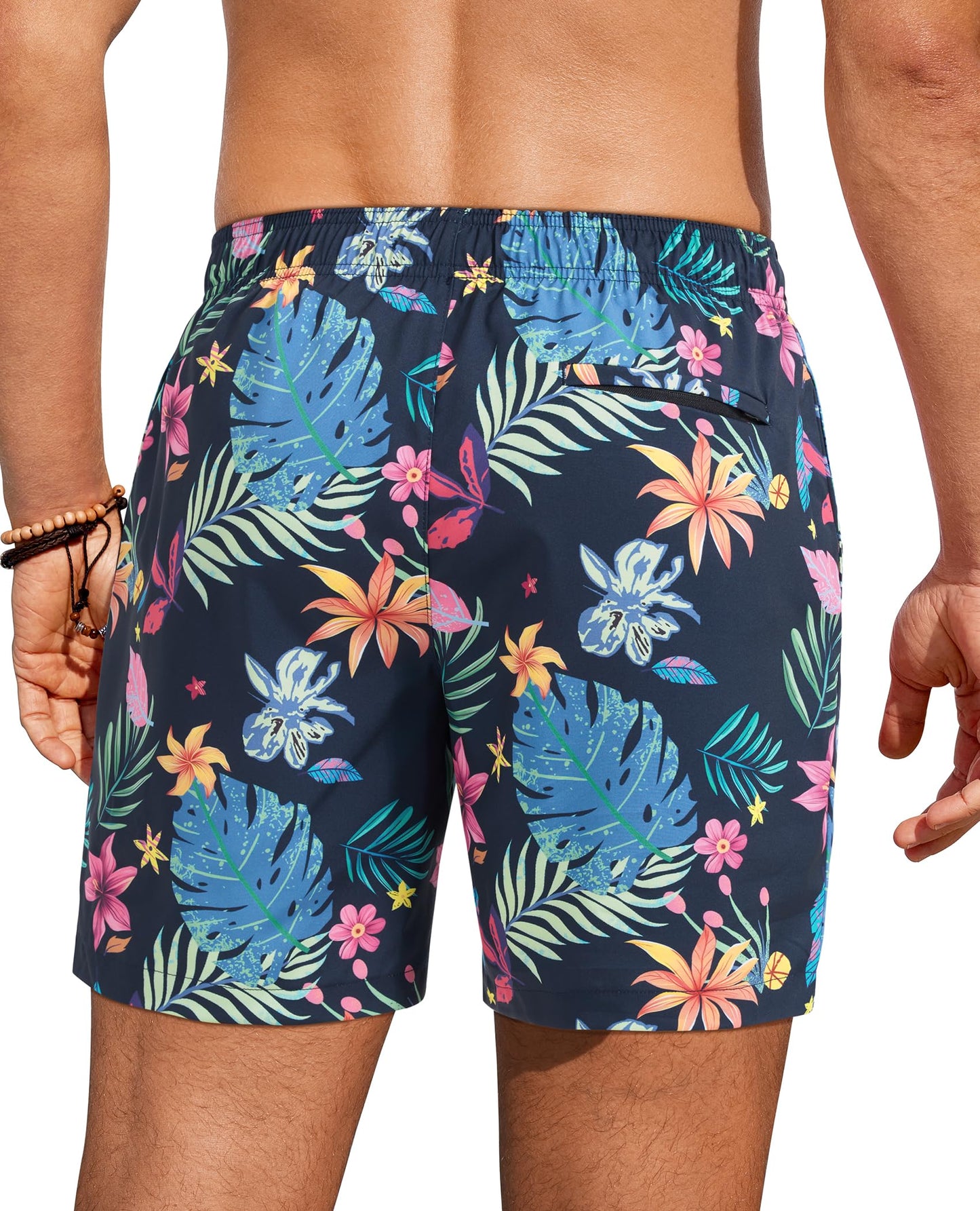 Compression Swim Trunks Men Men's Bathing Suits 7 inch with Compression Liner Zipper Pockets Drawstring Quick Dry Stretch Comfort Lined Funny Beach Pool navy floral and leaf Medium Swim Trunks