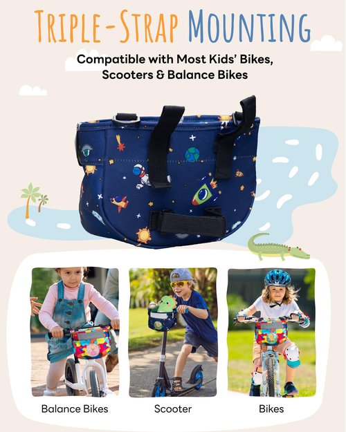 JOZidea Kids Bike Basket – Safety Reflective Strap Design on Bike Basket Front – Clear Front Window with 5 Swappable Cards – Cute Scooter & Bicycle Bag for Boys Girls Toddlers (Space Ride)