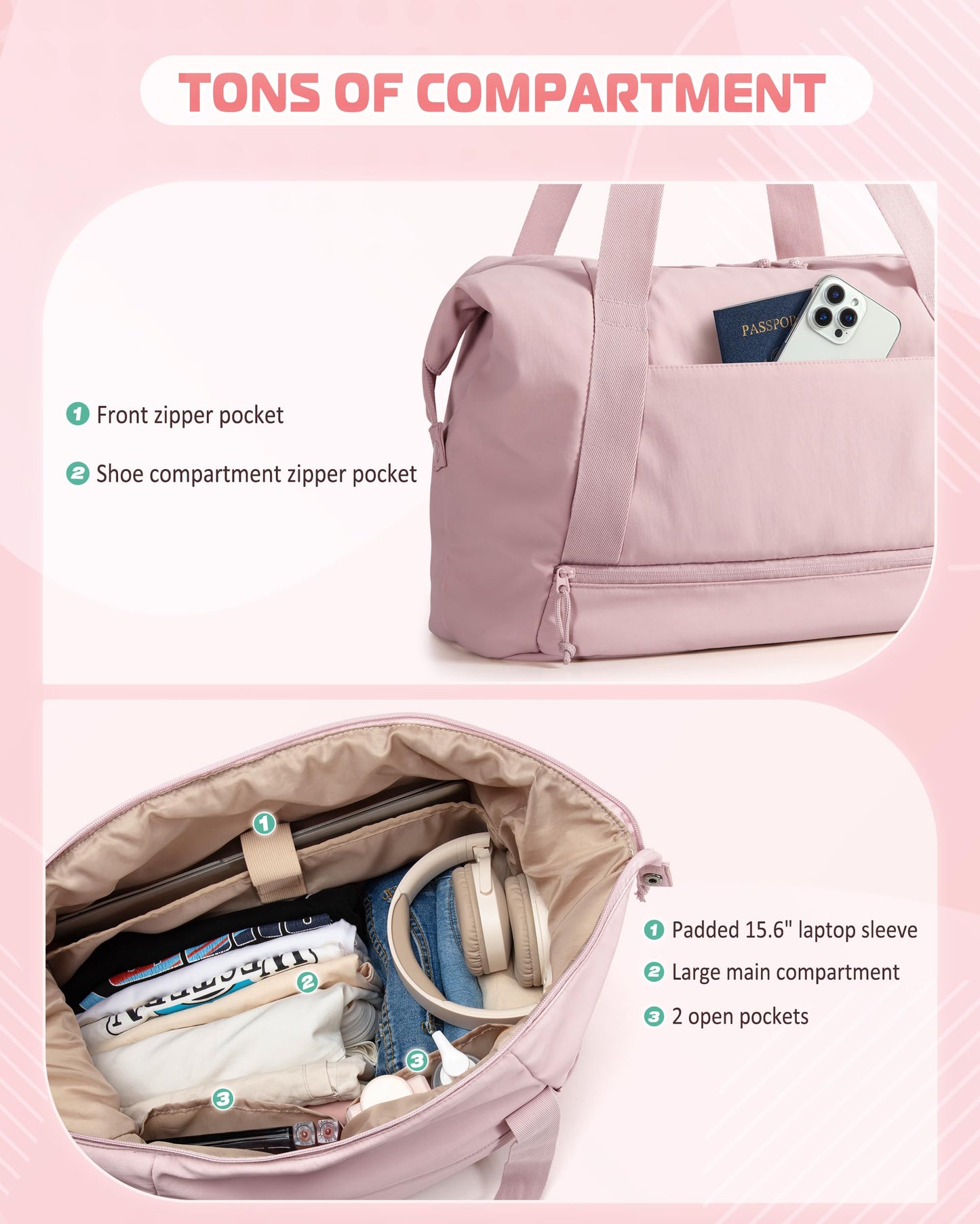 Smasrob Travel Duffle Bag with Shoe Compartment and Laptop Sleeve for Women, Lightweight Weekender Duffel Bag for Travel, Gym, Hospital Labor Delivery, Pink