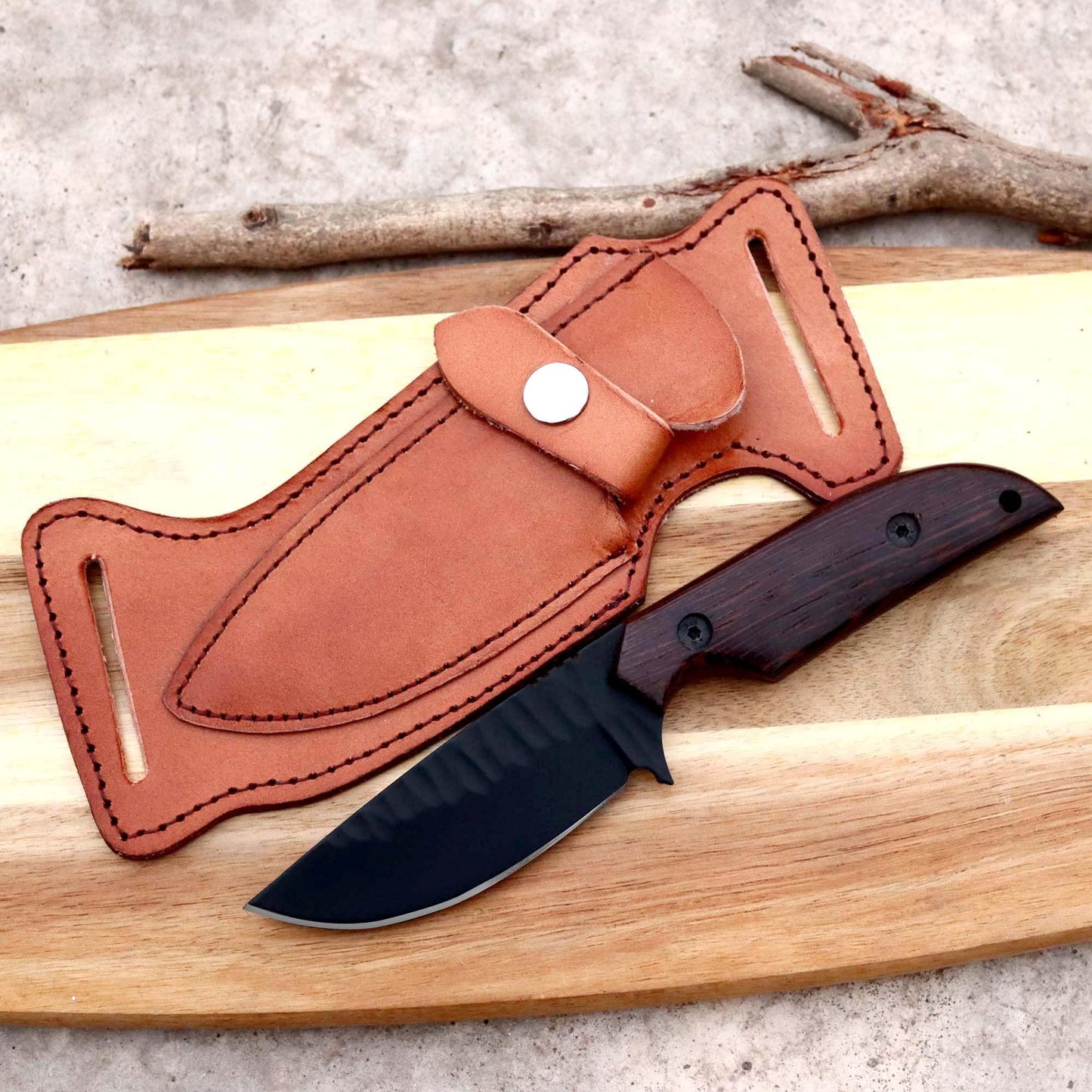 Kelani Fixed Blade Skinner – 1095 Steel, 8" Overall, Snake Wood Handle, Leather Sheath – Cowboy Knife for Hunting & Tactical Gear